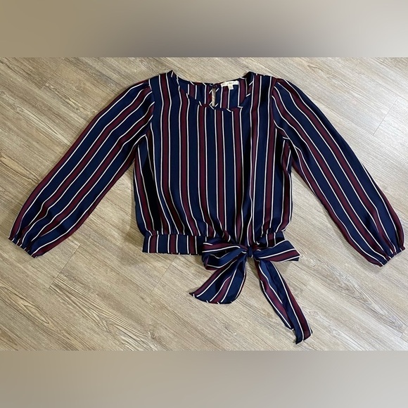 nine britton Tops - Nine Britton Navy Blue, Maroon, White Striped Blouse with Waist Tie